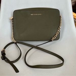 Michael Kors Green Leather Cross Body Bag Purse Gold Chain Genuine Leather